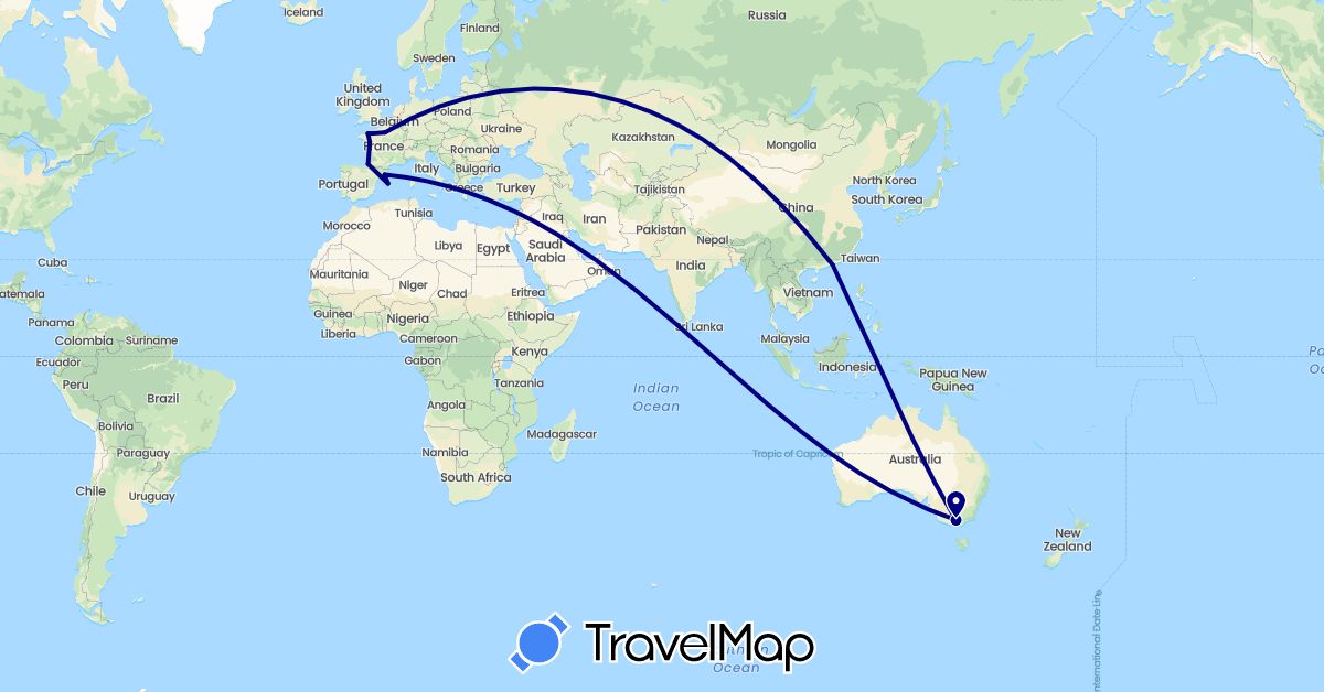 TravelMap itinerary: driving in Australia, Spain, France, Hong Kong (Asia, Europe, Oceania)